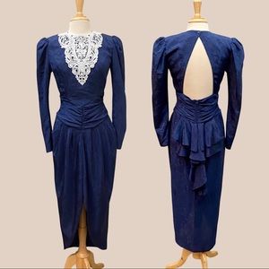 Vintage 80s Scott McClintock Open Back Lace Ruffle Dress